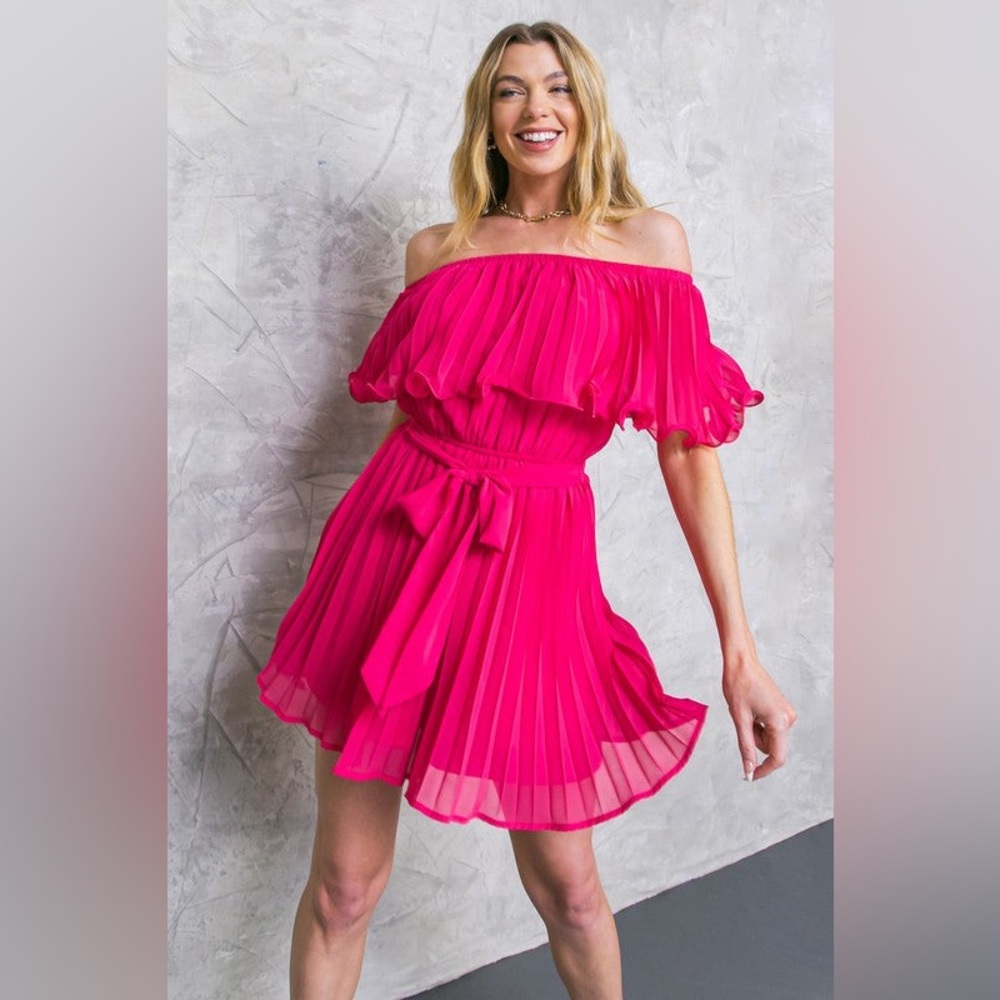 Off-Shoulder Hot Pink Pleated Summer Romper